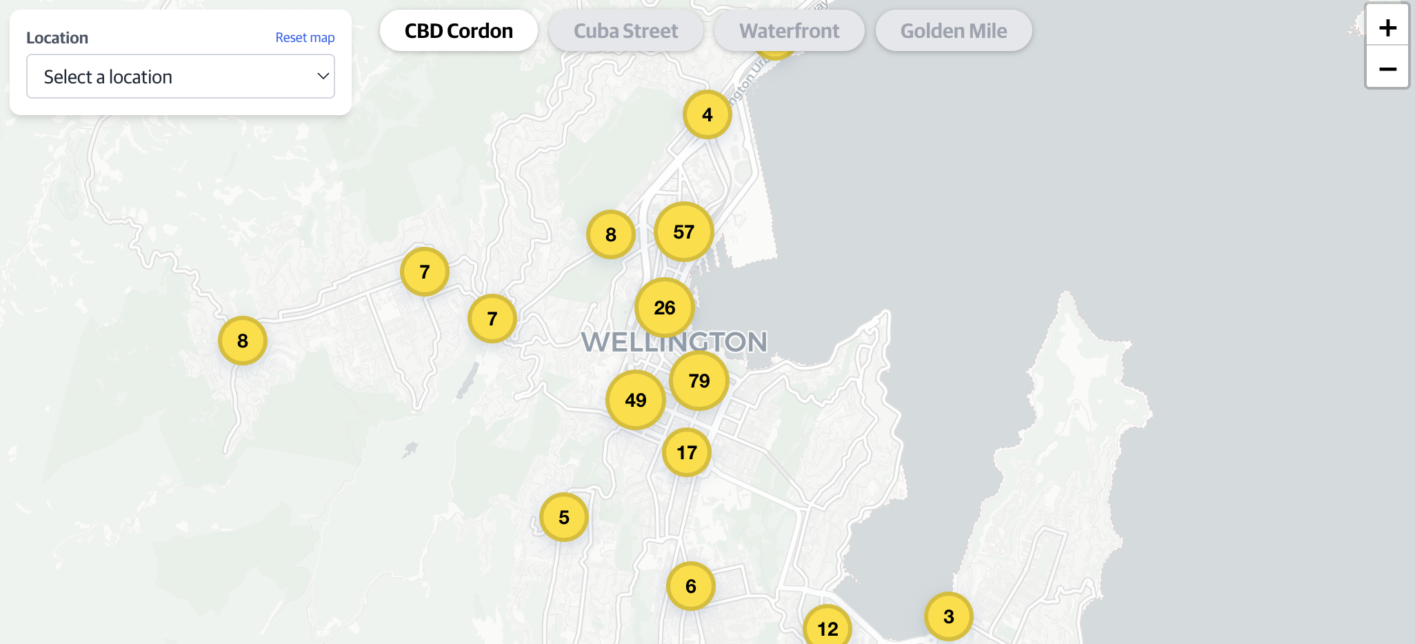 Dashboard map showing yellow circular cluster bubbles – select a bubble to zoom into that area and reveal the individual countlines inside it