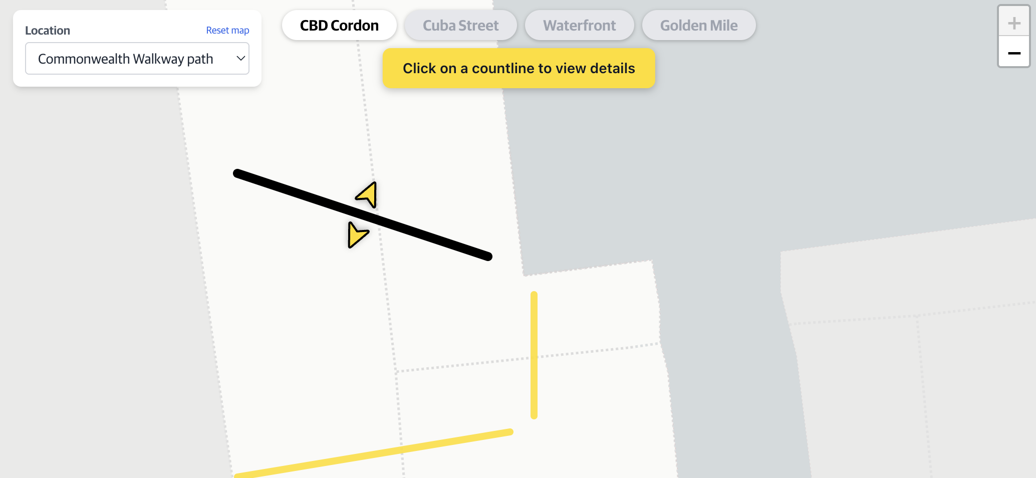 Zoomed-in map showing individual yellow countline lines crossing roads – select a line to open its summary popup